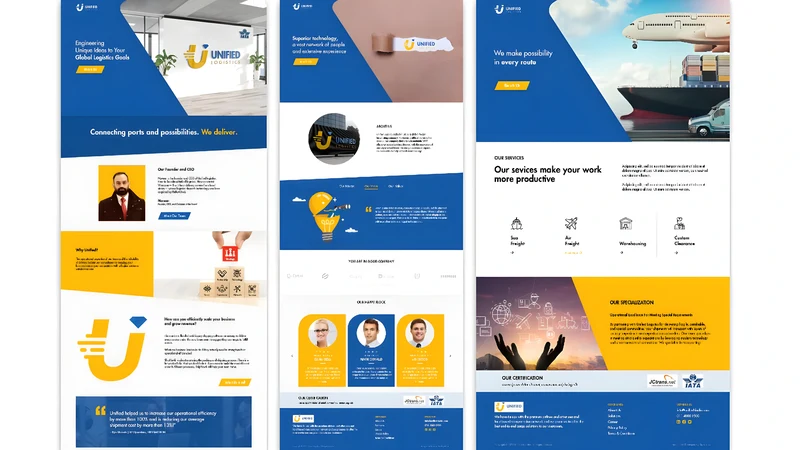 Blue and yellow website designs for Unified Logistics from the DigitalRootz portfolio